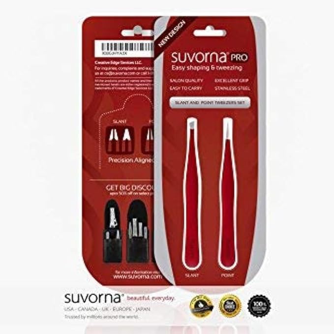 Suvorna Professional Tweezers for women facial hair - Sharp Pointed Tweezer & Slanted Eyebrow Tweezers for Women - Eyebrow Tweezer for Women, Lash tweezers and Splinter removal (4-inch size, Red)