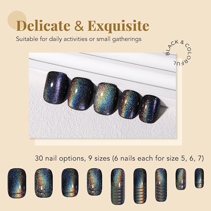 evpct Black Chrome Cat Eye Short Press on Nails Square, Short Square Glue on Nails for Women Gift, Black Metallic Glitter Glossy Reusable Spring Summer Stick Gel Press on Acrylic Fake Nail with Design