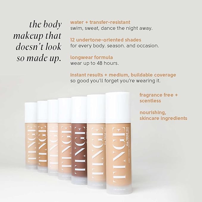 Tinge Tint Body Makeup, Lasts Up to 48 Hours, Medium Coverage Cream With Amino Acids, Hyaluronic Acid & Lysine, Semi Matte Finish, Water & Transfer Resistant, Vegan, 3.38 Fl Oz Tube - Deep Cool