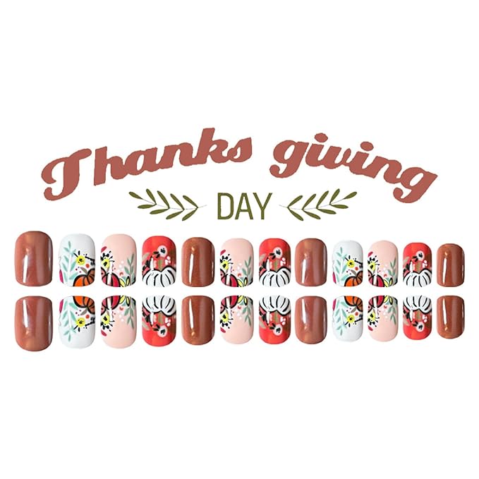 Thanksgiving Press on Nails Short Square Fake Nails Brown False Nail with Pumpkin Floral Designs Fall Glue on Nail Cute Acrylic Nails Reusable Glossy Stick on Fingernails for Women 24Pcs