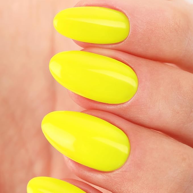 Wooyas Press on Nails Almond, Medium Jelly Yellow Handmade Gel Fake Nails, Neon Reusable Salon Perfect Glue on Nails in 12 Sizes - 24 Pcs Soft Gel Glue On Nails Kit for Women Girls
