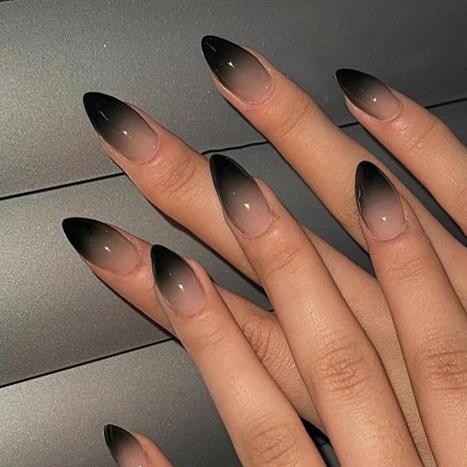 KQueenest Press On Nails Short - Ombre Black Press On Nails Almond Shape, French Dark Fake Nails with Nail Glue, Reusable Soft Gel Gradient Nude Black Glue On Nails for Women Decoration, 30 Pcs