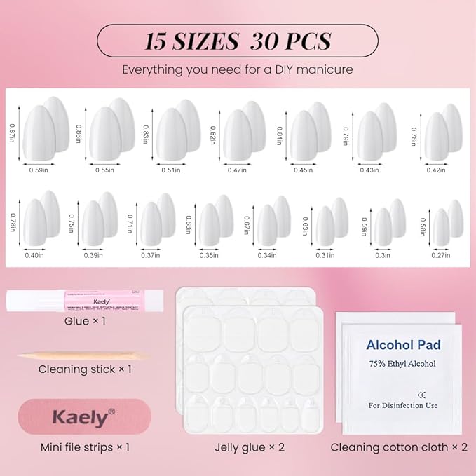 evpct Press on Nails Almond Short, Pearl White Glitter Shimmer Shiny Short Almond Fake Nails for Women Gift, Soft Gel Press Glue On Nails with Nail Glue, 30Pcs Reusable Acrylic Fake Nail Manicure Kit