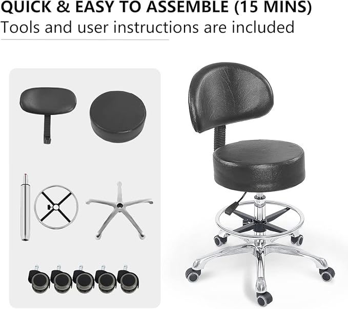 Grace&Grace Height Adjustable Swivel Rolling Stool with Back Extra Thick Seat for Ultimate Comfort for Salon, Studio, Shop, Kitchen (Black,with Foot Rest)