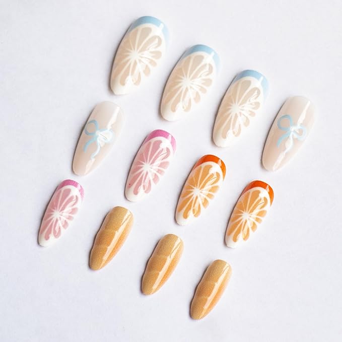 Summer Press on Nails Medium Almond Fake Nails Orange Fruit False Nails with Glossy Acrylic Nails Bow Artificial Nails for Women Girls Manicure Art Decoration 24Pcs