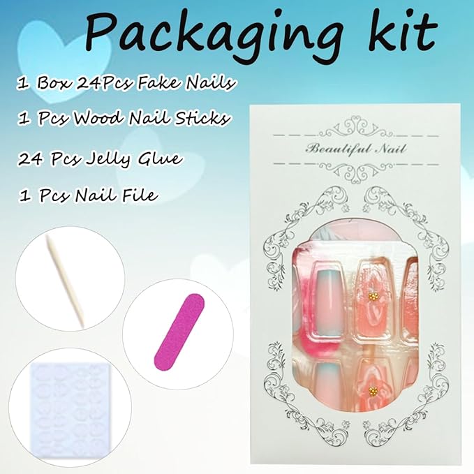 24Pcs Blue Flower Press on Nails Long Square French Tip Fake Nails with 3D Flower Rhinestones Designs Summer False Nails Cute Acrylic Stick on Nails Full Cover Glue on Nails for Women Manicure Kit