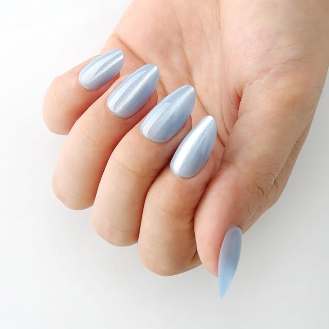 Blue Almond Press On Nails Short, Cat Eye Press on Nails with Glue for Women Ashionable Gel False Nails Reusable Acrylic False Nails Women's Glitter Nails Glue On Nails Kit Sky Blue