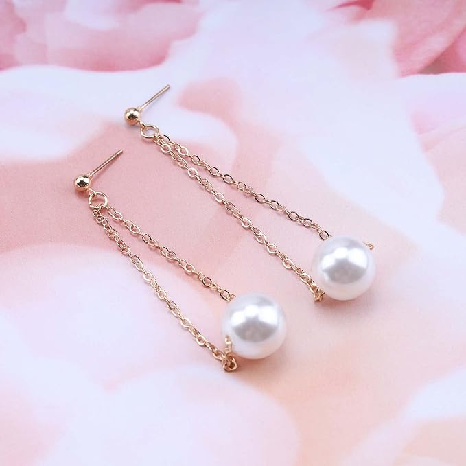 Vintage Pearl Earrings Long Pearl Stud Earrings Boho Gold Pearl Pendant Earrings Big Pearl Dangling Earrings Jewelry for Women and Girls