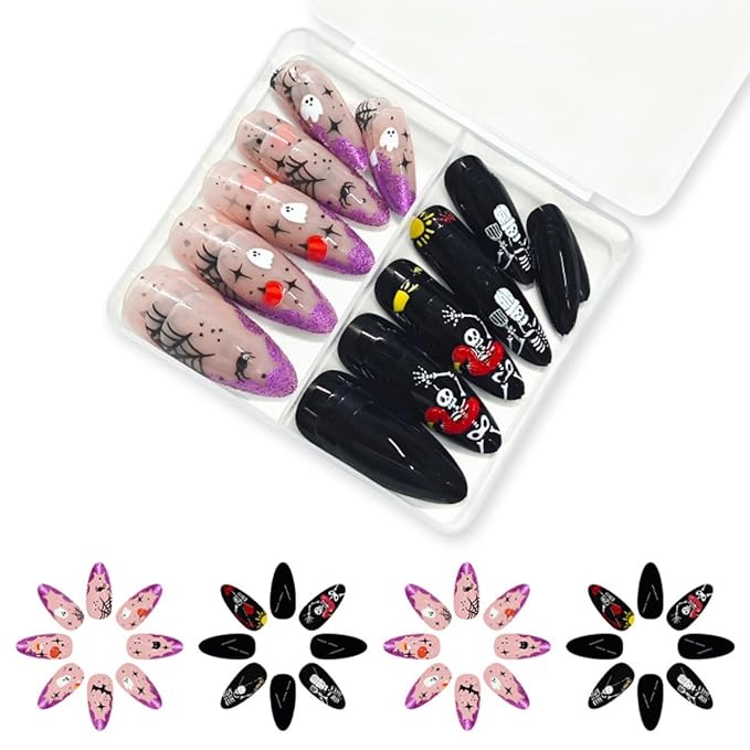 48Pcs Halloween Press on Nails Medium Almond Fake Nails Cute Ghost Skull False Nails wuth Designs Pumpkin Spider Webs Skeleton Glue on Nail Glossy Purple Glitter Acrylic Nail for Women Girls