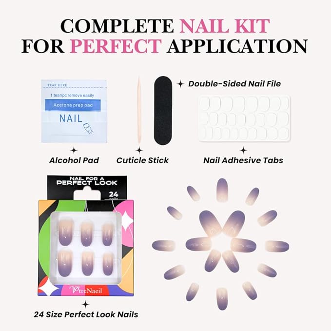 Perfect Look Press On Nails - Lavender Mist | No Glue One-Day Short Oval Nails, Nude to Purple Ombre Glossy Nails - 24 Pcs Nail Kit with Adhesive Tabs