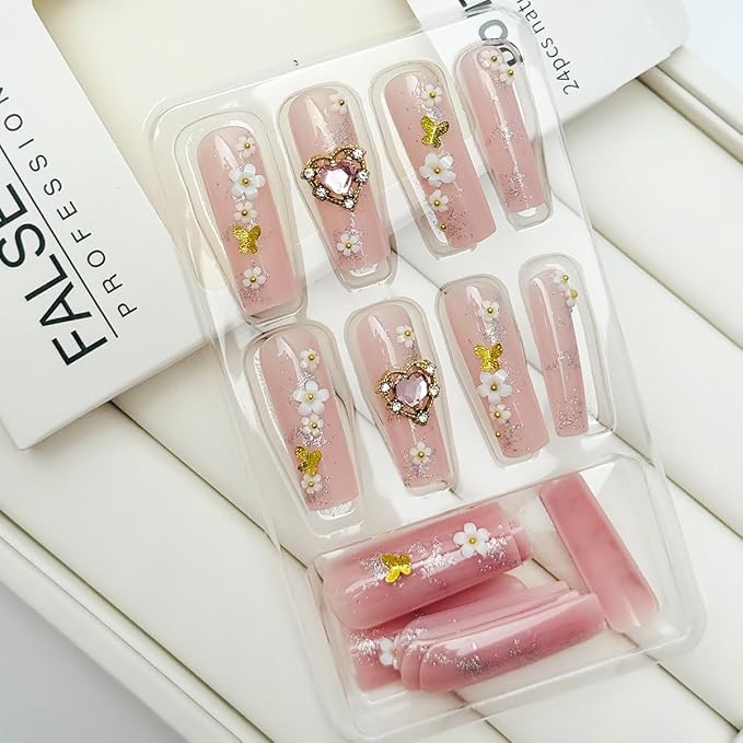 24Pcs 3D Flower Press on Nails Long Square Fake Nails with Gold Pink Heart Rhinestones Design Cute Handmade False Nails Full Cover Artificial Glue on Nails Spring Summer Stick on Nails for Women DIY