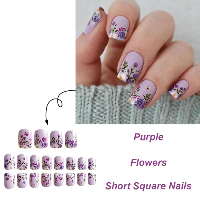 24Pcs Purple Flower Press on Nails Short Square Fake Nails with Spring Summer Floral Daisy Bee Design Full Cover Nail Tips Purple False Nails Artificial Glossy Acrylic Nails for Women Girls Manicure