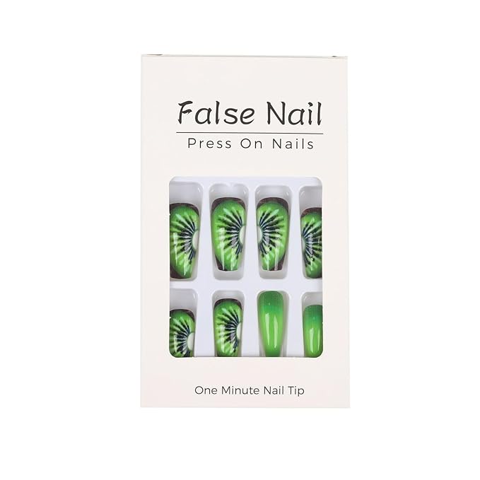 Coffin Press on Nails Long Fake Nails Green False Nails with Designs Artificial Nails Glossy Stick on Nails for Women 24pcs