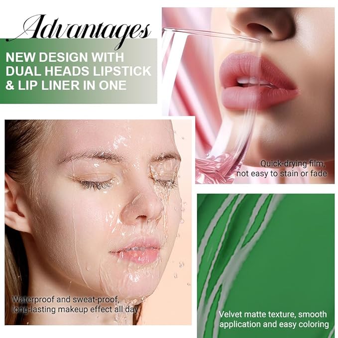 1Pcs 2 in 1 Forest Green Purple Matte Lip Liner and Liquid Lipstick Stain Makeup Set for women, Green Long Lasting Smudge Proof Lip Tint Matte Finish Lip Gloss for All-Day Color Hold Easy to Use 48#