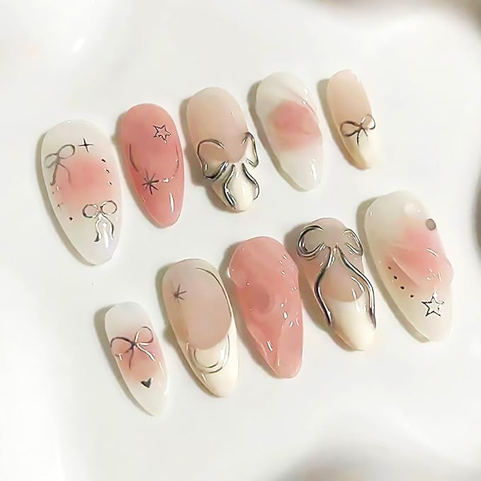 24Pcs Silver Bow Press on Nails Medium Almond French Tip Fake Nails with 3D Star Heart Design Pink White False Nails Full Cover Artificial Glue on Nails Handmade Stick on Nails for Women DIY Manicure