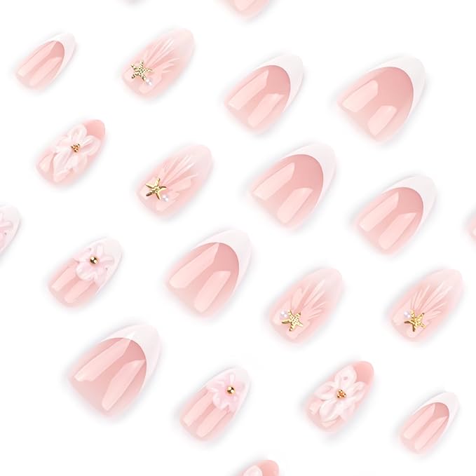 White Flower Press On Nails short, 24pcs Almond French Fake Nails with 3D Floral Design, Pearl & Starfish Decor, Glossy Nude Acrylic Stick On Nails Kit for Women Girls Manicure