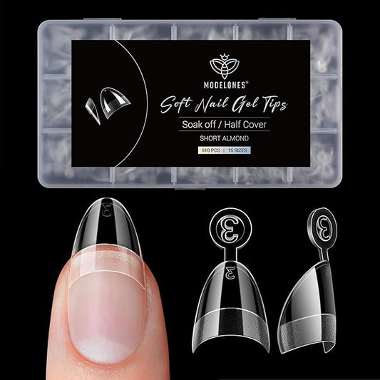 Modelones Extra Short Almond Fake Nail Tips - 510Pcs Half Cover Gel Tips Pre-shaped Clear Acrylic Gel Kit False Press on Nails for Extension DIY Salon 15Sizes