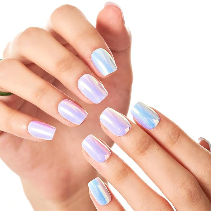 GLAMERMAID Press on Nails Extra Short Square, Purple Blue Chrome Spring Summer Handmade Gel Glue on Nails, Glossy Fake Nails Reusable Acrylic False Nails Manicure Kits for Women