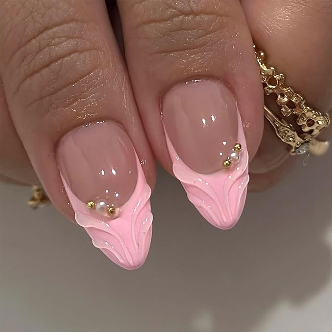 Pink French Tip Press on Nails Medium Almond Fake Nails with 3D Flower Designs Glossy Acrylic False Nails Golden Bead Artificial Glue on Nail Reusable Full Cover Stick on Nail for Women 24Pcs