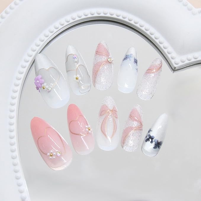 24Pcs Medium Almond Press on Nails Heart Bow Fake Nails 3D Pink Purple Flower with Pearl Glitter Full Cover Glue on Nails Cute False Nails Glossy Nude Pink Stick on Nails for Women Acrylic Nails DIY