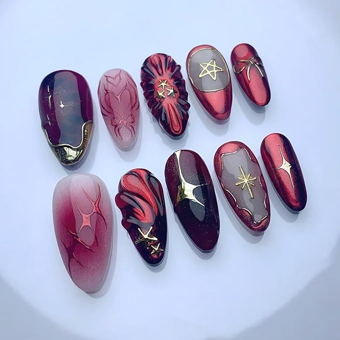 24Pcs Deep Red Press on Nails Medium Almond Fake Nails French Tip Nail Art False Nails Design Y2K Gold Star Bow Pattern Full Cover Stick on Nails Reusable Artificial Nail for Women Acrylic Nails Decor