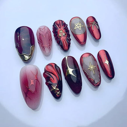 24Pcs Deep Red Press on Nails Medium Almond Fake Nails French Tip Nail Art False Nails Design Y2K Gold Star Bow Pattern Full Cover Stick on Nails Reusable Artificial Nail for Women Acrylic Nails Decor
