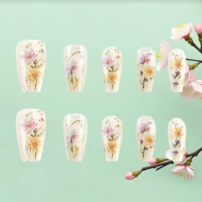 Spring Flowers Press on Nails Glossy Pink Flower Fake Nails 24Pcs Green Leaves Stick on Nails Medium Coffin Acrylic False Nails Pearls Gel Glue on Nails for Coquette Women Girls