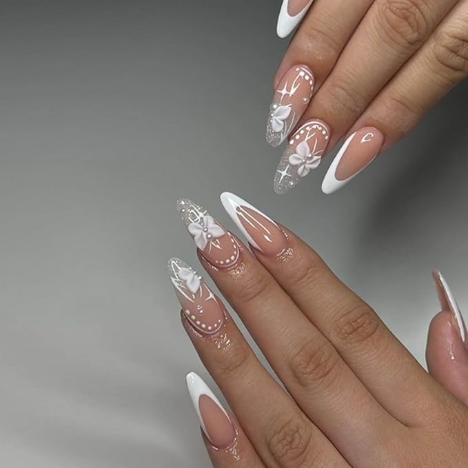 Hkanlre Almond Press on Nails White Medium Fake Nails Tips Full Cover False Flower Nails for Women and Girls 24PCS