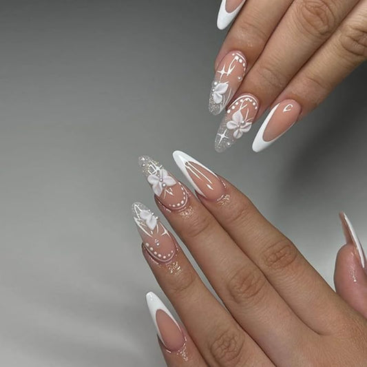 Hkanlre Almond Press on Nails White Medium Fake Nails Tips Full Cover False Flower Nails for Women and Girls 24PCS