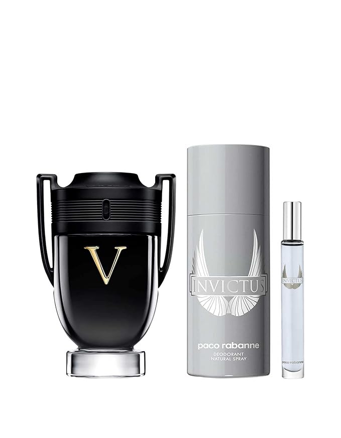 Paco Rabanne INVICTUS VICTORY 3-Piece Tin Box Set for Men, (3.4 Oz Eau De Parfum Extreme Natural Spray + 5.1 Oz Deodorant Spray + 0.34 Oz Eau De Toilette Spray)