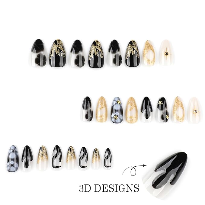 IMRAIN Press on Nails Medium Almond Fake Nails Black Ombre False Nails Full Cover Artificial Glue on Nails with White Golden Designs Stick on Nails for Women DIY Nail Art