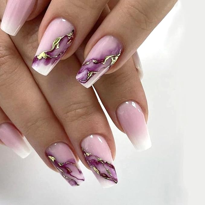 Coffin Press on Nails Medium Fake Nails White Gradient Coffin Nails Press ons with Purple Blooming Gold Leaf Design Glue on Nails Light Pink Full Cover False Nails Glossy Acrylic Nails for Girls 24Pcs