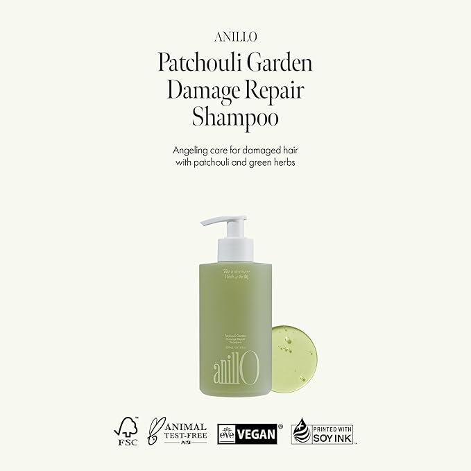 ANILLO Patchouli Garden Damage Repair Shampoo - Korean Hair Care Nourishing Shampoo for Men & Women w/Patchouli Leaf Water, Protein Complex & Green Herb Complex - Vegan Scalp Cleanser (10.14 fl.oz)