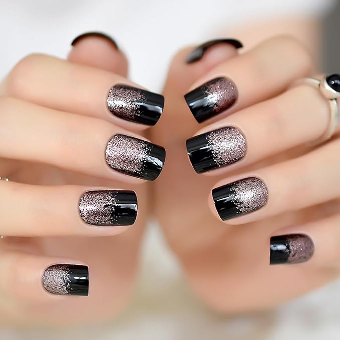 Black Light Coffee Brown Glitter French Press on False Nail Medium Short Square Shimmer Fake Nails Tips Salon Manicure Reusable DIY Fake Artificial Nails Art for Women Girls