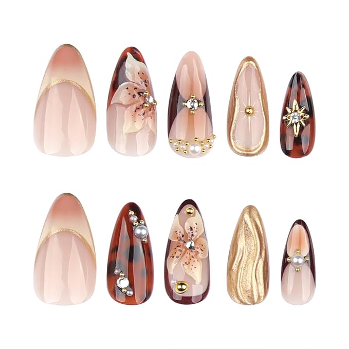 24Pcs 3D Flower Press on Nails Almond Medium Fake Nails Brown Glue on Nails Gold Texture Embossed Leopard Flower Acrylic Nails Press ons False Nail Rhinestones Pearl French Stick on Nails for Women