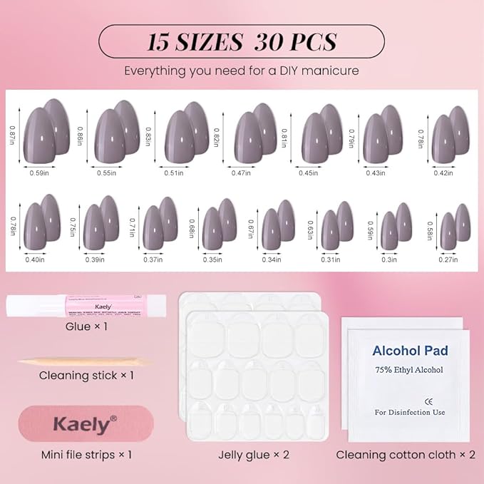 evpct Glossy Press on Nails Short Almond Short for Women, Taupe Grey Fake Nail with Glue Salon Quality Reusable Stick on Nails In 15 Sizes 30Pcs Full Cover False Nail Soft Gel Set Kit for Gift, 17