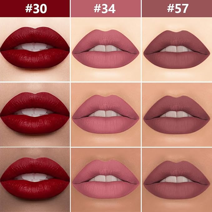 3Pcs 2 in 1 Dark Red Nuetral Mauve Red Brown Matte Lip Liner and Liquid Lipstick Stain Makeup Set for women, Long Lasting Smudge Proof Lip Tint Matte Finish Lip Gloss for All-Day Color Hold Set34