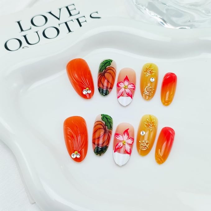 30Pcs Fall Press on Nails Medium Almond Fake Nails with 3D Flower Rhinestones Design Orange Pumpkin Maple Leaf False Nails White French Tip Acrylic Nails Autumn Thanksgiving Stick on Nail for Women
