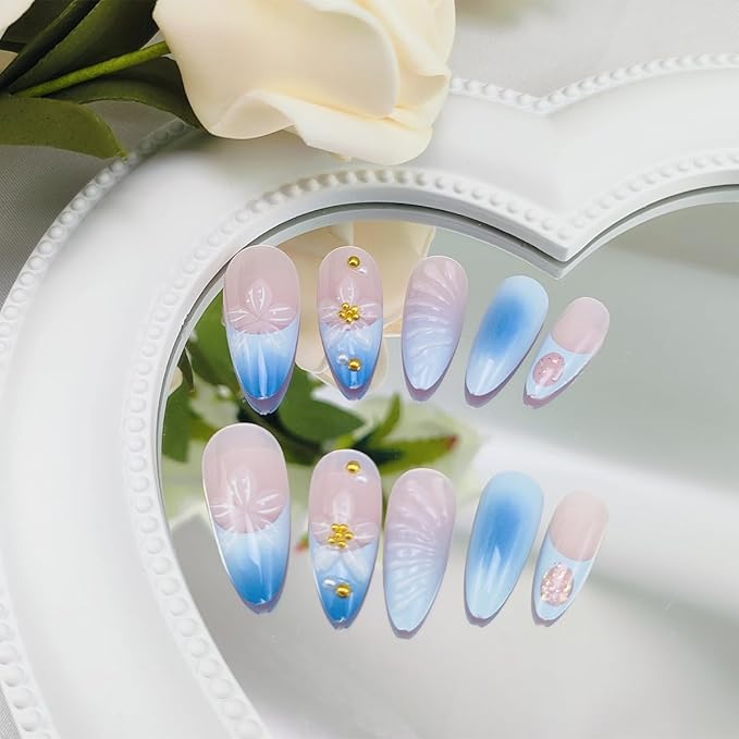 Blue Gradient French Tip Press on Nails Medium Almond Fake Nails with Pearl Gold Bead Designs Lily Flower Acrylic Nail 3D Water Ripple False Nail Summer Glue on Nails for Women Girls Manicure 24Pcs