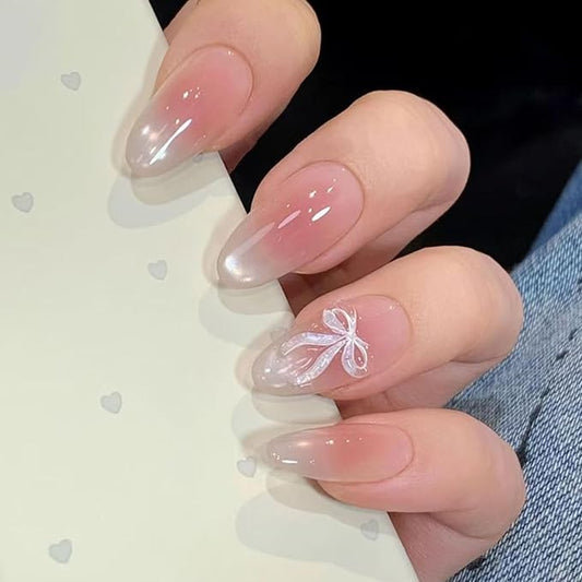 20Pcs Cute Bow Press On Nails Almond Shaped French Tip Fake Nail Nude Pink Glue on Nails White Bows Design Medium Full Cover False Nail Cute Acrylic Nails for Women Daily Wear