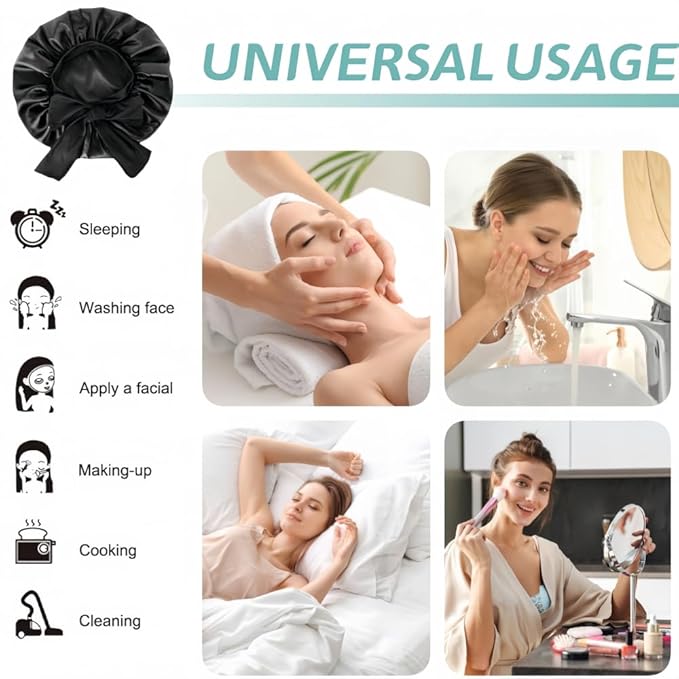 Silk Bonnet for Sleeping Women, Ajustable Hair Bonnet for Curly Hair with Tie Band Shower Caps Black，Large