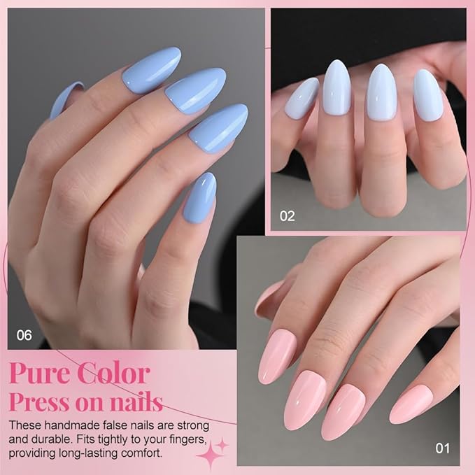 evpct 6 Colors Glossy Press on Nails Short Almond for Women, Glossy Fake Nail with Glue Salon Quality Reusable Stick on Nails In 15 Sizes 180Pcs Full Cover False Nail Soft Gel Set Kit for Gift, Set01