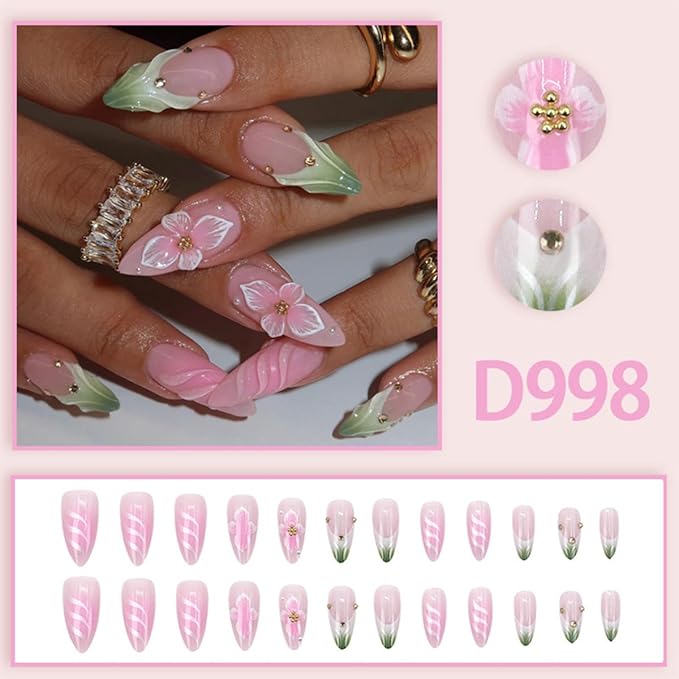24Pcs Flower Press on Nails Medium Almond Fake Nails 3D Flower with Gold Beads Design Full Cover Pink Gradient Glue on Nails Reusable Spring Nails with French Tip False Nails for Women Acrylic Nails