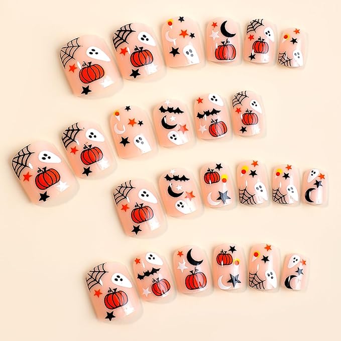 24Pcs Halloween Press on Nails Short Fake Nails Nude Pink Square Acrylic Nails Cute Ghost Full Cover Stick on Nails with Pumpkin Spider Web Bat Design Glue on Nails Art Decorations for Women Girls
