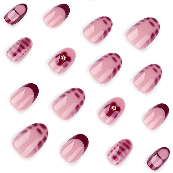 Red Press On Nails Short Oval, Summer Fall Fake Nails with Red French Tips and Elegant Petal Accent Designs, Glossy Gel Finish Acrylic Nails, Thick Reusable Glue On Nails Kit for Women, 24 Pcs