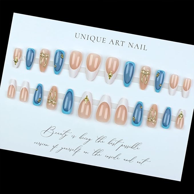 24Pcs Almond Press on Nails Medium Fake Nails with Gold Bow Designs French Tip False Nails 3D Bows Star Charms Blue Glue on Nails Full Cover Artificial Nail for Women Manicure Decoration