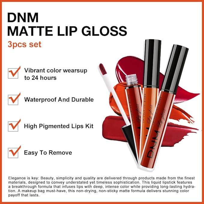 3Pcs Matte Liquid Lipstick Set, Long Lasting Waterproof Non-Transfer Lip Gloss, brick red Classic Red Lip Stain Kit for Women, Lip Stain Long Lasting 24 Waterproof Gift Makeup for Women Lippies