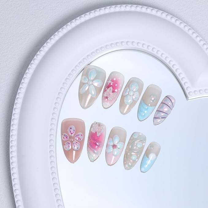 30Pcs 3D Handmade Press on Nails with Charms Medium Almond Fake Nails Cute French Tip Nails Press ons 3D Flower Stick on Nails Almond Shape Acrylic Nails Pink Glossy Glue on Nails for Women Daily Wear