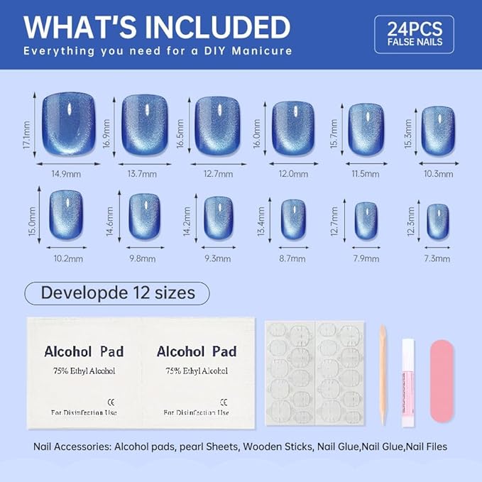 Blue Press on Nails Short Square Ice Blue Cat Eye Press on Nails Fashion Gel Fake Nails Reusable Acrylic Fake Nails Glossy Stick on Nails for Women Girls Gift Glue on Nails Kit