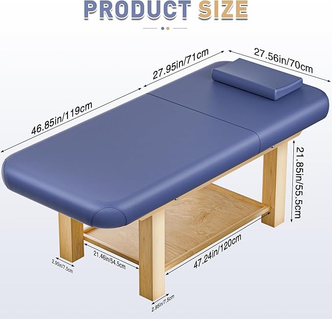 Massage Table 28IN Wide with Hight Adjustable Backrest for Treatment, Blue Leather Professional Spa Bed Load1500 LBS, Spa Table with Storage for Footmassage Facial CareSpa Tattoo